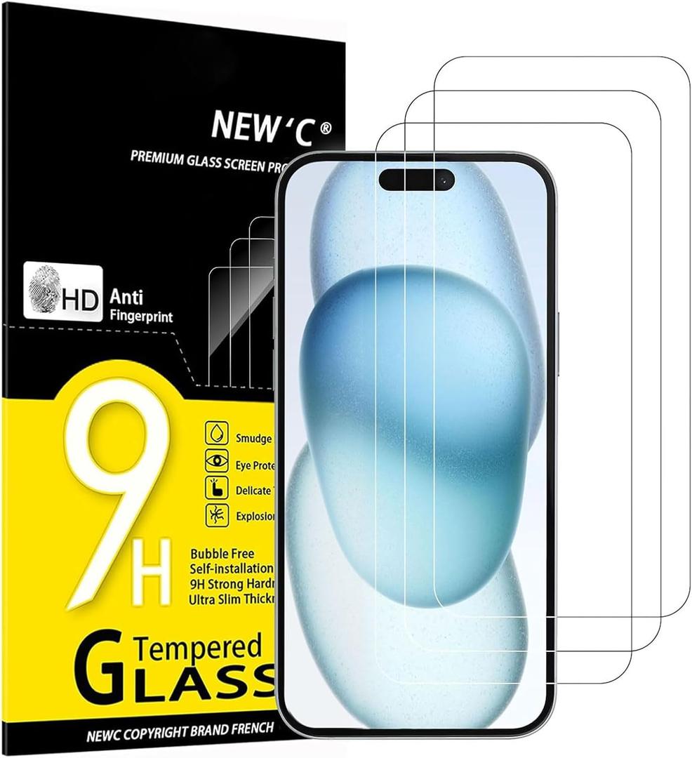 NEW'C 3 Pack Designed for iPhone 15, iPhone 15 Pro Screen Protector (6.1 inches), Tempered Glass,Case Friendly Ultra Resistant