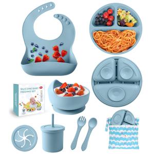 Silicone Baby Feeding Set, 10 Pcs Baby Led Weaning Supplies Baby Eating Essentials Set with Suction Bowl Divided Plate Adjustable Bib Soft Spoon Fork Cup with Lid Drinking Cup, Travel Bag (Blue)