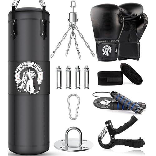 4FT Punching Bag for Adults/Kids, Unfilled Heavy Punching Bag, Boxing Bag Set with Punching Gloves, Wraps, Chain, Ceiling Hook for MMA Kickboxing Boxing Karate Muay Thai Taekwondo