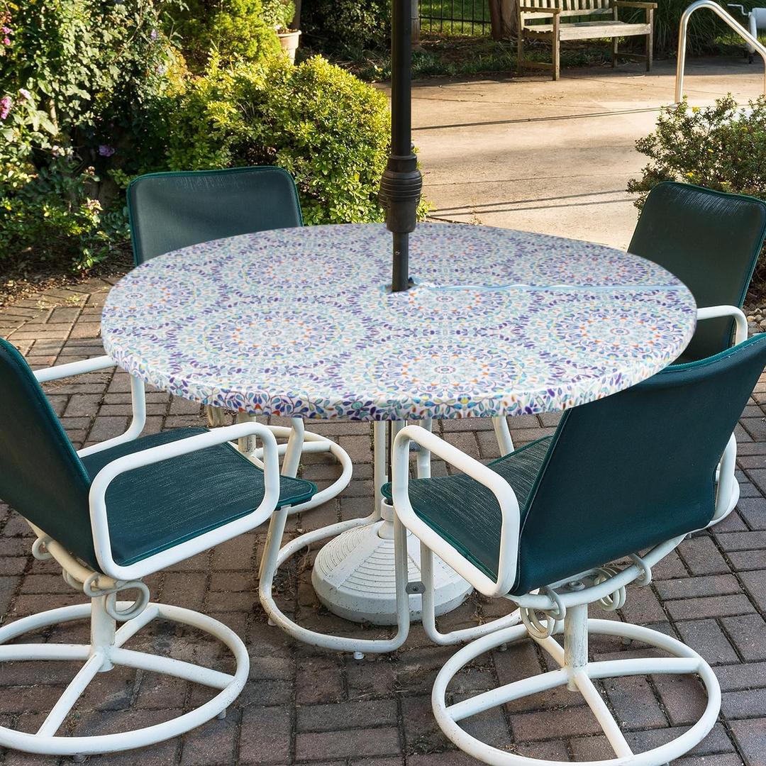 Round Outdoor Tablecloth with Umbrella Hole-Waterproof Fitted Table Cover with Elastic Zippered Wipeable Tablecloth, Fits 36"-44" Diameter for Picnic, Patio, Garden(Mandara)
