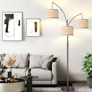 Dimmable Floor Lamp - 3 Lights Arc Floor Lamps for Living Room, 1000LM Modern Tall Standing Lamp With Beige Shades, Mid Century Tree Floor Lamp for Bedroom Office, 3 LED Bulbs Included - Brown