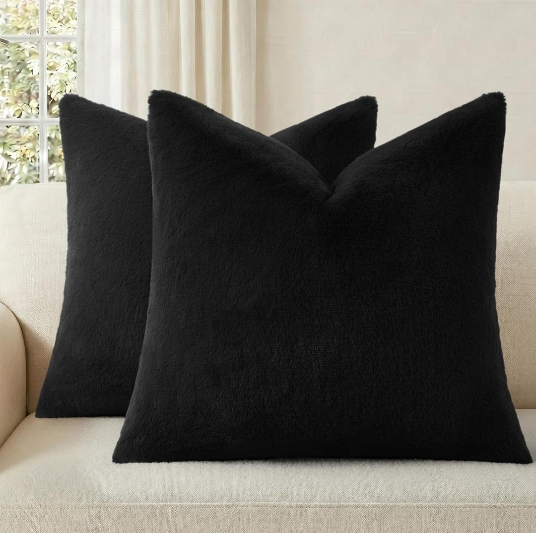 Pallene Faux Fur Plush Throw Pillow Covers 24x24 Set of 2, Luxury Soft Fluffy Cozy Decorative Pillow Covers for Sofa, Couch, Living Room, Black