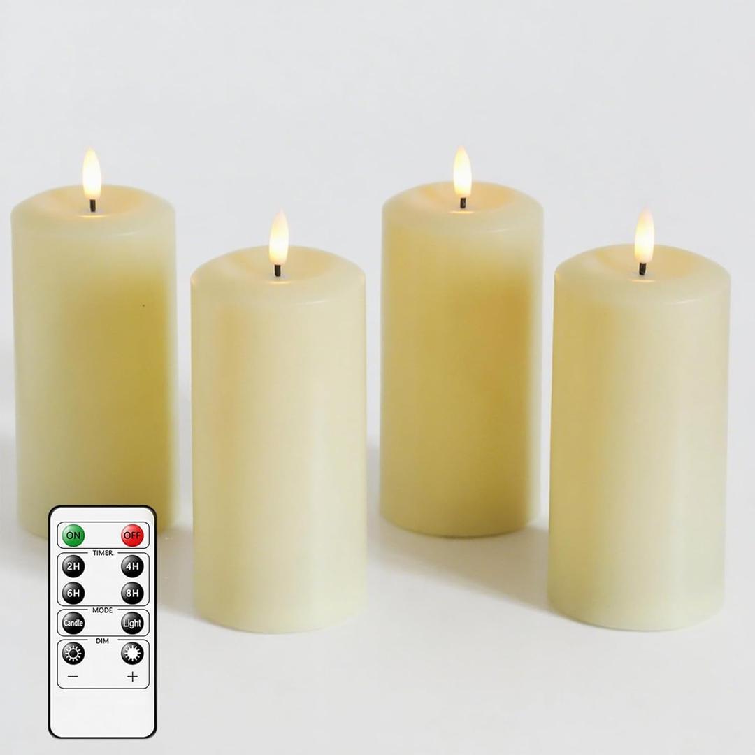 4 Packs Flameless Candles, Battery Operated Candles with Remote, Plastic LED Flickering Candles, Pillar Candles for Home Wedding Party Halloween Christmas D3 xH6 (Ivory)