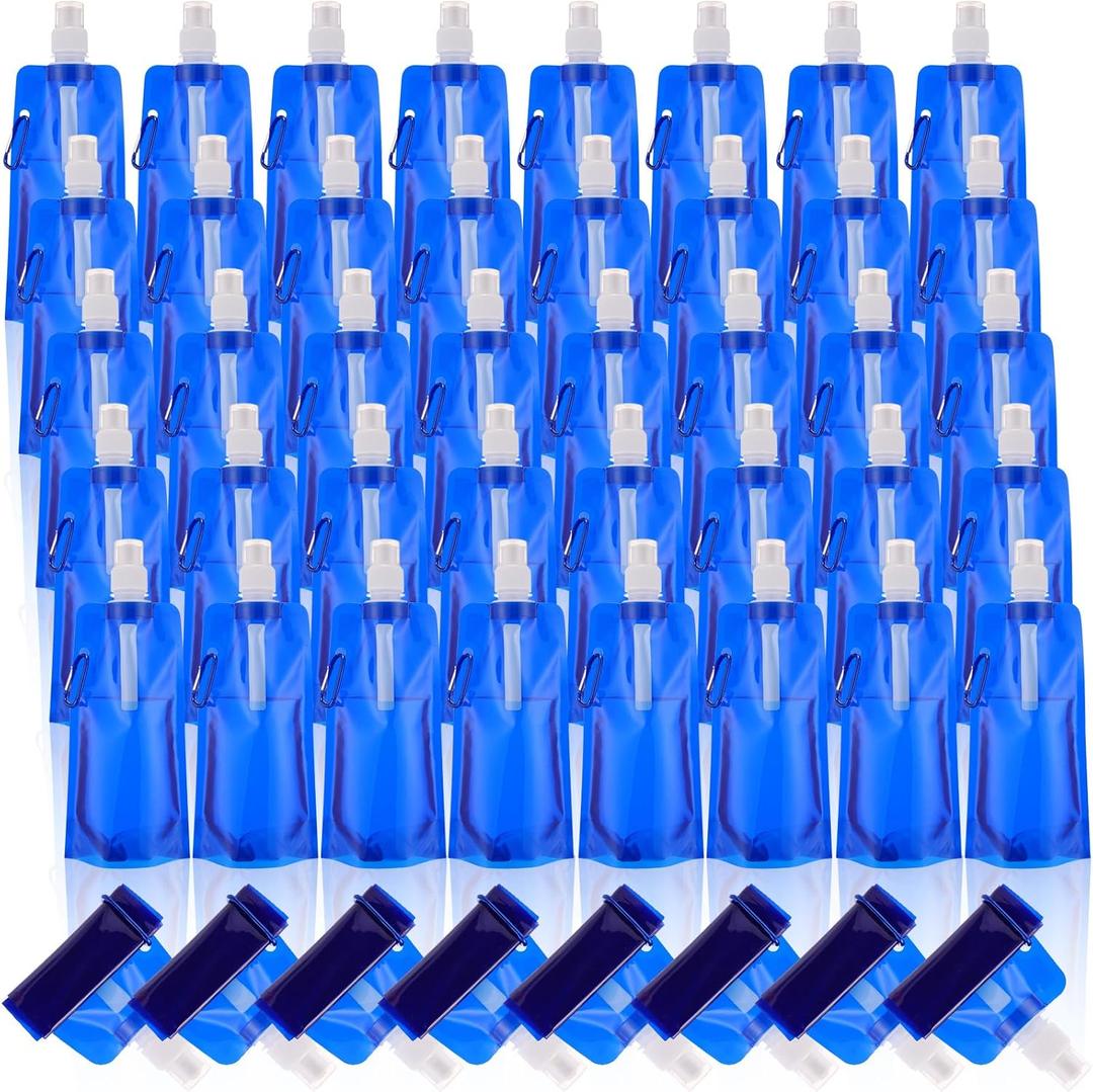 Teenyyou 48 Pack Collapsible Water Bottles Bulk 16oz Foldable Water Bottles with Carabiner Reusable Drinking Leak Proof Container Bags for Sport Biking Hiking Camping Travel Outdoor (Dark Blue)