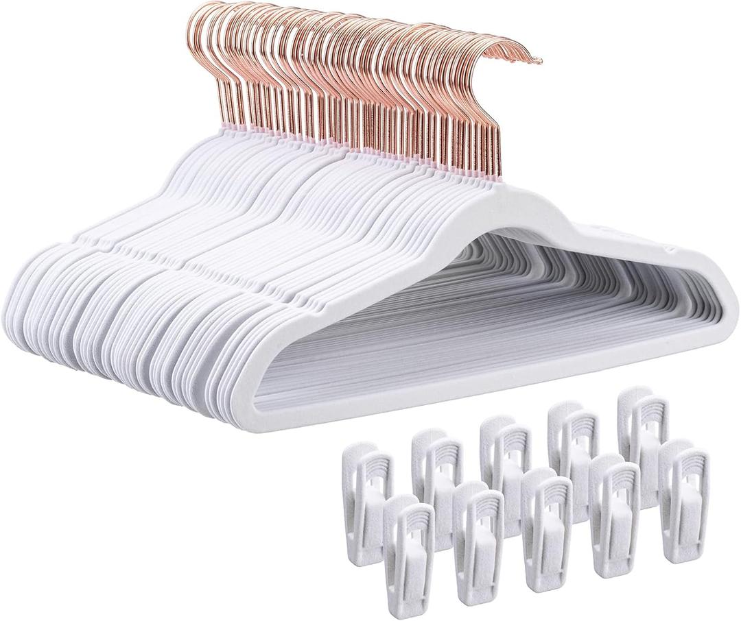 Tonswachic 14 Inch Velvet Kids Hangers -50 Pack Durable & Non-Slip Closet Organizers for Big Kids & School-Age Children, 0.2" Ultra Slim Space-Saving Design with 10 Hanger Clips - White