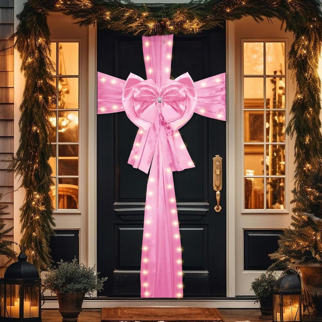 Suncalla Pink LED Front Door Bow Pink Large Door Ribbon Bow with Rhinestone Satin Festival Glowing Wrapping Bowtie Decorations