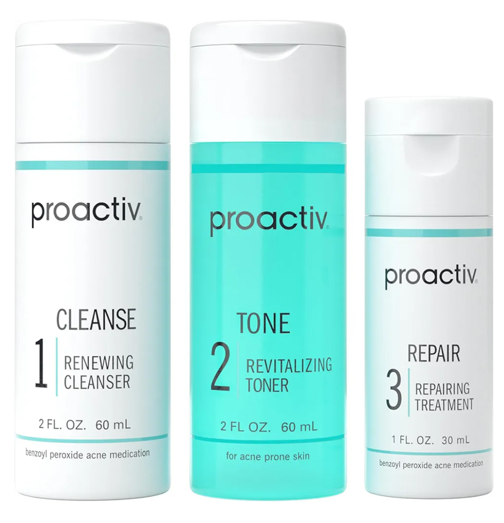 Proactiv 3 Step Acne Treatment - Benzoyl Peroxide Face Wash, Repairing Acne Spot Treatment for Face and Body, Exfoliating Toner - 30 Day Complete Acne Skin Care Kit
