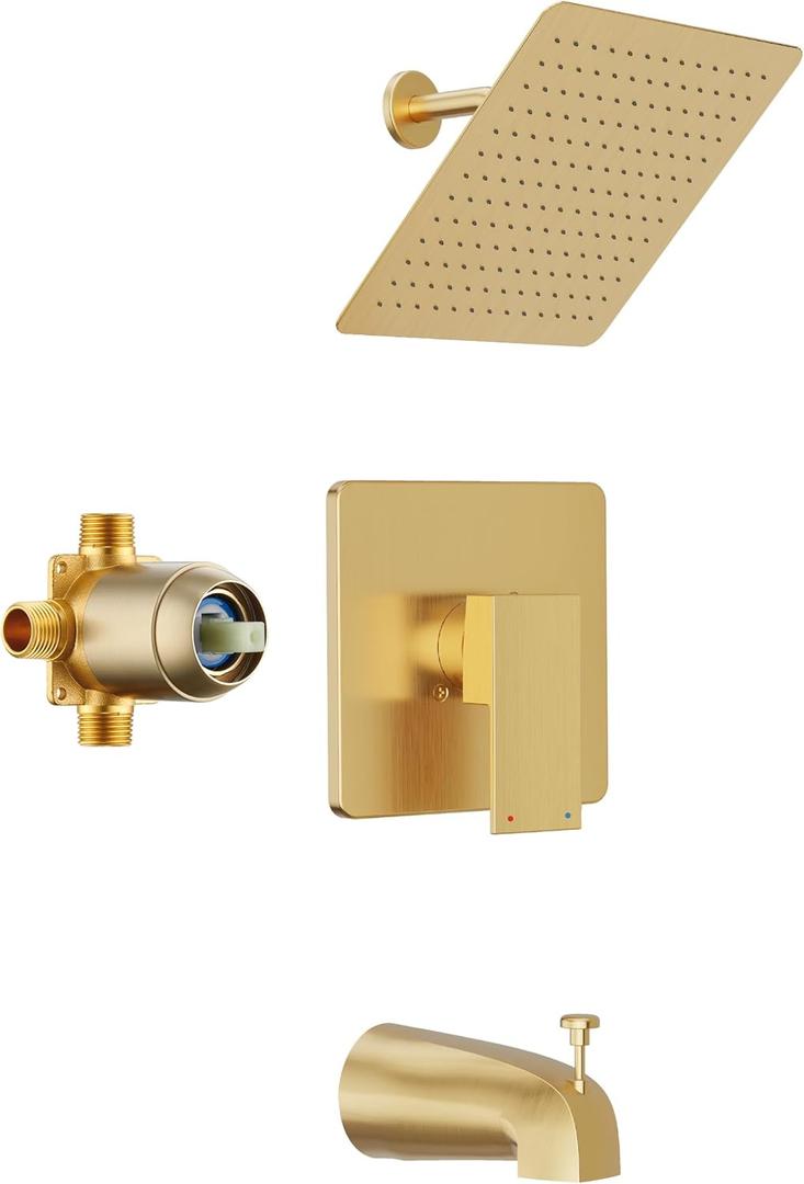 Shower Faucet Set, Gold Tub Shower Faucet with All-Metal 8-Inch Rainfall Showerhead and Bathtub Spout, Single-Handle Tub Shower-Trim Kit with Valve, Brushed Gold