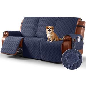 Ruaozz Waterproof Recliner Couch Covers, Sofa Slipcovers Washable 1-Piece Recliner Covers Non-Slip Furniture Protector with Elastic Straps Pocket for Kids Pets(Dark Blue, 3 Seater)