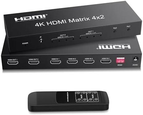 FERRISA 4x2 HDMI Matrix Switch,4 in 2 Out Matrix HDMI Video Switcher Splitter +Optical & L/R Audio Output,Support Ultra HD 4K,3D 1080P,Audio EDID Extractor with IR Remote Control