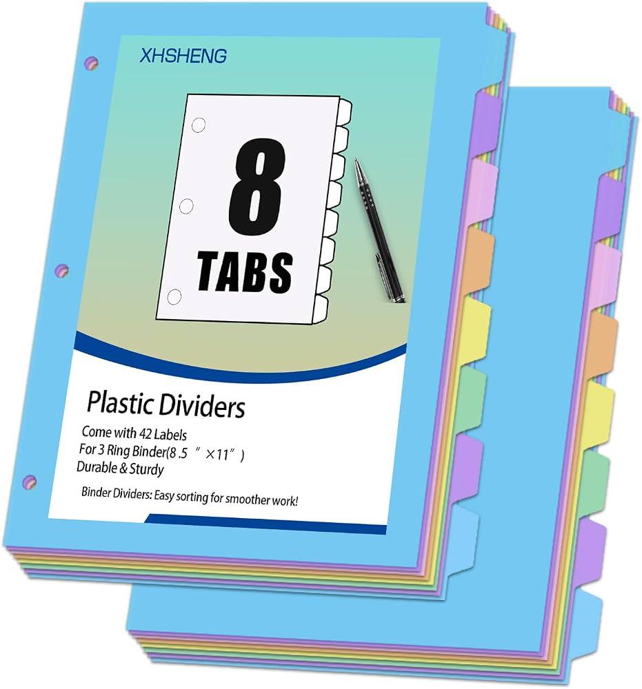 XHSHENG 16Pcs/2 Sets Binder Dividers for 3 Ring Binder,8 Tab Plastic Dividers with Tabs, Pastel Color File Dividers, Notebook Dividers for School, Office