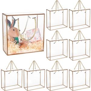 BENECREAT 10 Packs Clear PET Plastic Gift Box, 7.8x7.8x3.5 Inch Treat Gift Boxes with Gold Border and Handle, Favor Box with Cord for Mother's Day, Birthday Party, Wedding Favours