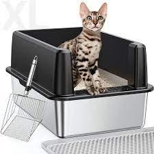 XL Stainless Steel Litter Box, Extra Large Metal Cat Litter Box with High Sided for Big Cats, Enclosed Litter Boxed with Lid, Easy-Clean Cat Litter Mat & Scoop Kit, Anti-Urine Leakage (Black)