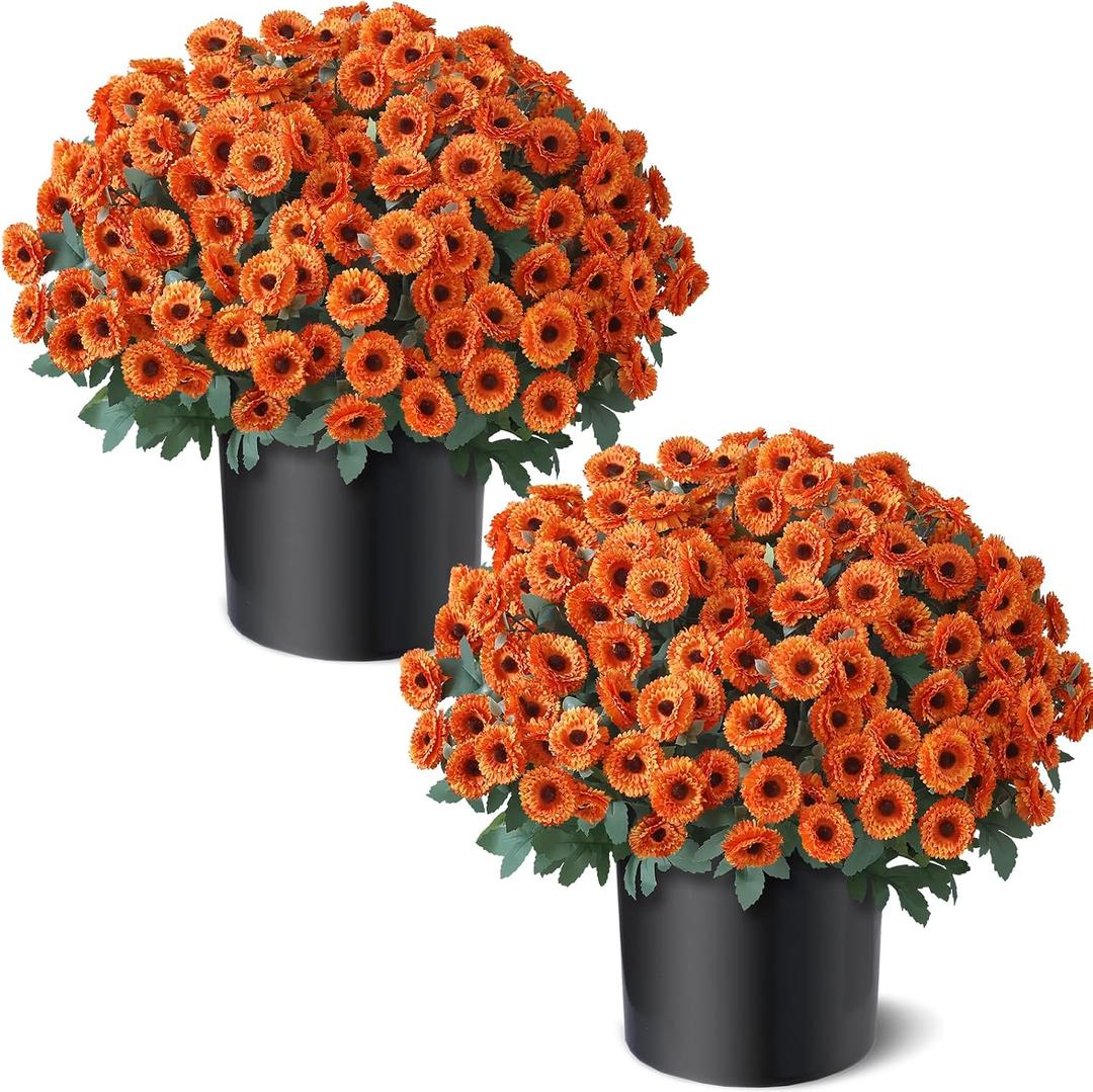 2 Sets Artificial Fall Flowers Topiary Ball Trees for Front Forch (Orange) with Pots, No-Installation, Faux Petunia with Eucalyptus, for Outside Front Door,  Each 17 inches in height and 17 inches in width