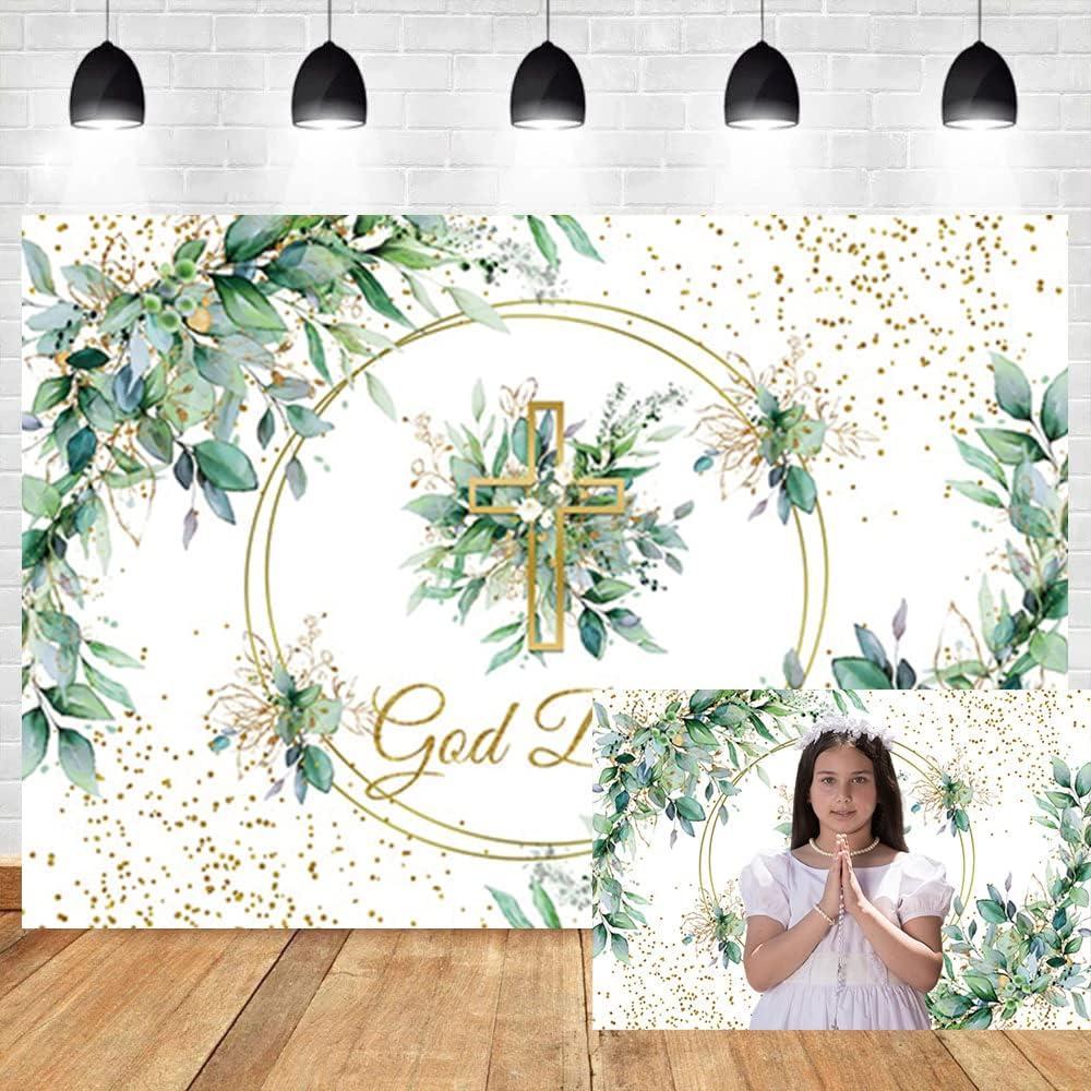 OERJU 5x3ft God Bless Backdrop Baptism First Holy Communion Christening Background Greenery Leaves Gold Dots Newborn Baby Shower Party Decorations Banner Photo Booth Props