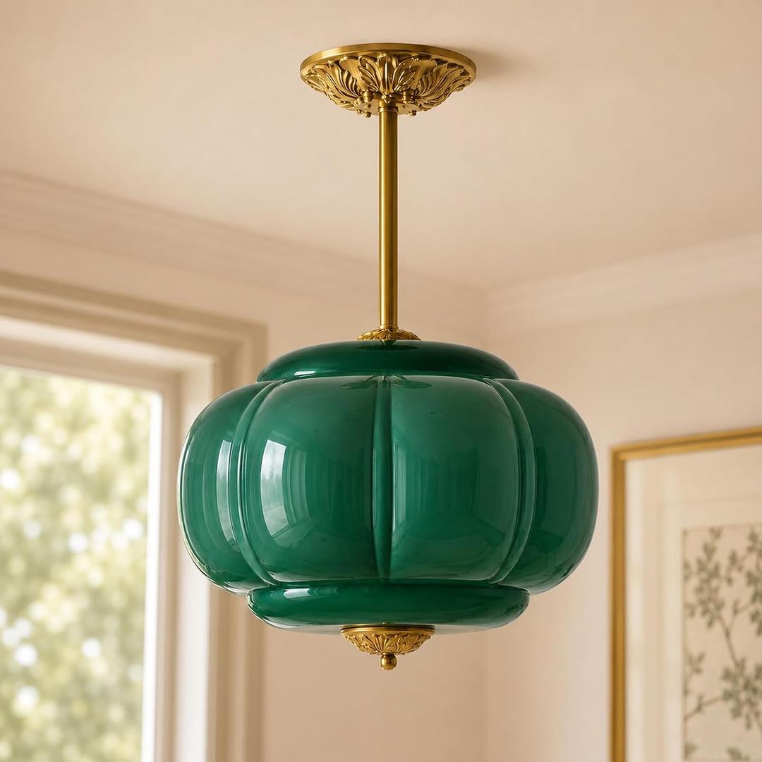 MIXL-Milk Glass Semi Flush Mount Ceiling Light,Pumpkin Shade Large Green Pendant Light,15 Inches Schoolhouse Lighting,Mid Century Modern Ceiling Lamp for Study Room Office, 14.96 Inches