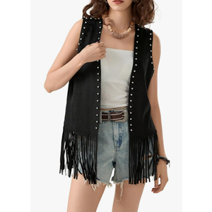 Womens Fringe Vest Sleeveless Open Front Western Jackets Faux Suede Tassel Waistcoat 70s Hippie Vest Outerwear Size 2XL