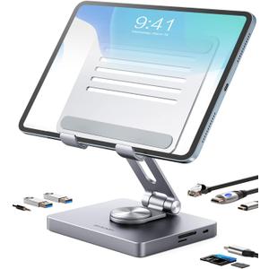 BYEASY iPad Stand, Laptop Docking Station, 8 in 1 iPad USB C Hub, Type-C Tablet Stand with HDMI, 3.5mm Jack, LAN, 100W PD Charging, 2*USB 3.0, SD/TF Card Reader, for iPad Pro, MacBook Pro. (Large)