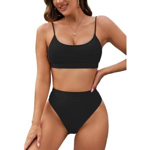 Pink Queen Plus Size High Waisted Bikini Set for Women Two Piece Cheeky High Cut Swimsuit Bathing Suit White M (Large, Black)