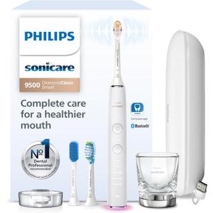 Philips Sonicare DiamondClean Smart 9500 Electric Toothbrush - Sonic Toothbrush with App, Pressure Sensor, 15 Brushing Settings, Replacement Reminder, USB Charging Travel Case, White, Model HX9923/01