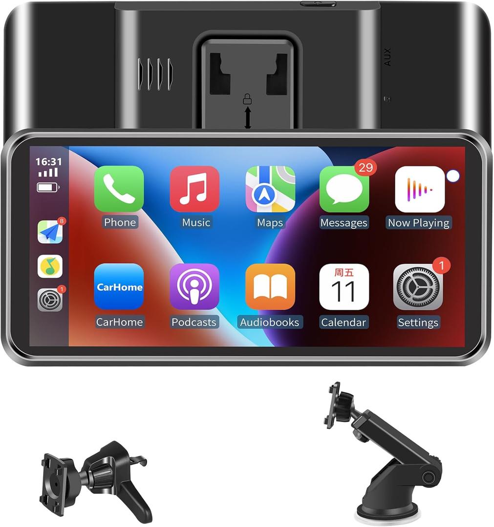 Portable Wireless CarPlay Screen for Car, Supports Apple CarPlay, Android Auto,and Hicar, Car Stereo with Bluetooth, FM, Universal Vehicle Upgrade Car Audio ReceiverBlack