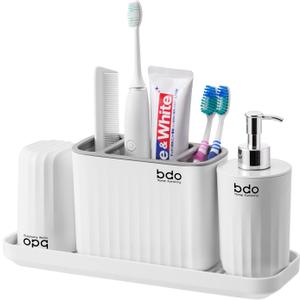 VITVITI Plastic Toothbrush Holder for Bathroom Organizer Countertop, Bathroom Counter Sink Organizer with Tumbler, Kids Soap Dispenser Set Drainage Tray for Toothpaste, White