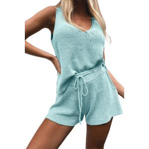 Imily Bela Women's Summer Lounge Sets Knit 2 Piece Outfits Vacation Beach Tank Tops and Shorts Loungewear Pajama Set (A04-aqua)
