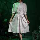 Spadehill Women Halloween Babara Midi Puff Sleeve Dress Button Print Pleated Costume L