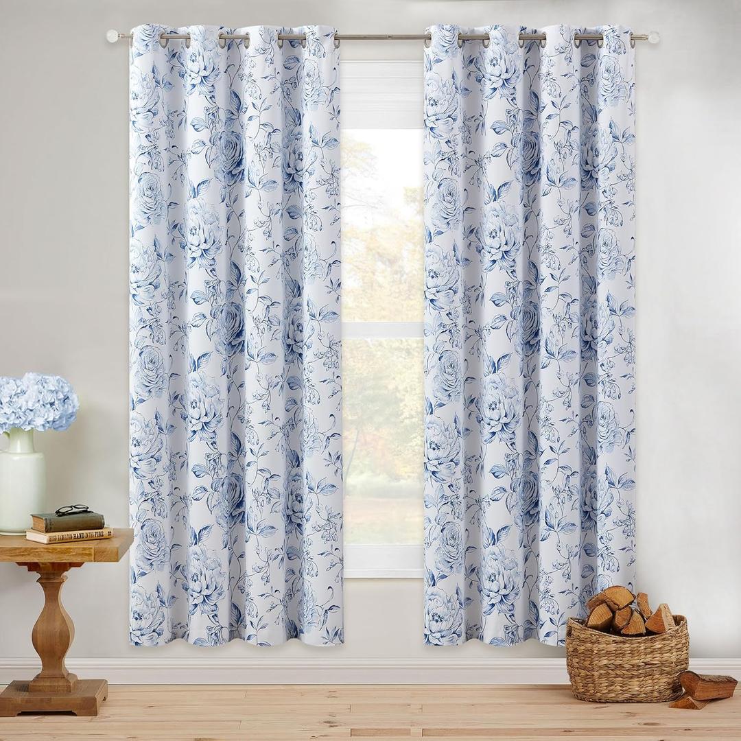 Beauoop Floral 100% Blackout Curtains 72 Inches Long 2 Panels for Bedroom Living Room Pink White Farmhouse Dusty Rose Flower Patterned Room Darkening Thermal Grommet Window Treatments Drapes, 50X72