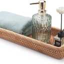 Rattan Bathroom Vanity Trays Toilet Tank Baskets Long Narrow Hand Towel Storage Basket for Storage, Decorative (Natural 16.3 x 6.1 x 2 inch)