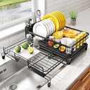 Dish Drying Rack - Extendable Dish Rack, Large Sink Drying Dish Drainer for Kitchen Counter, Stainless Steel Dish Strainer with Utensil Holder (Black)