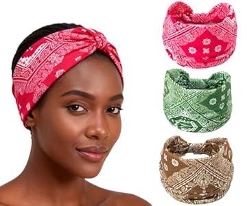 XEF Headbands for Women Bohemian Wide Geometry Pattern Thick Hair Band No Slip Gym Elastic Twist Knot Athletic Headband Sweatbands Fashion Hair Accessories for Teen Girls