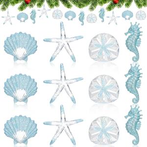 12 Pcs Large Coastal Christmas Tree Ornaments Beach Theme Christmas Decor Seahorse Starfish Sand Dollar Shells Hanging Xmas Decor for Xmas Party Tree Home Decorations