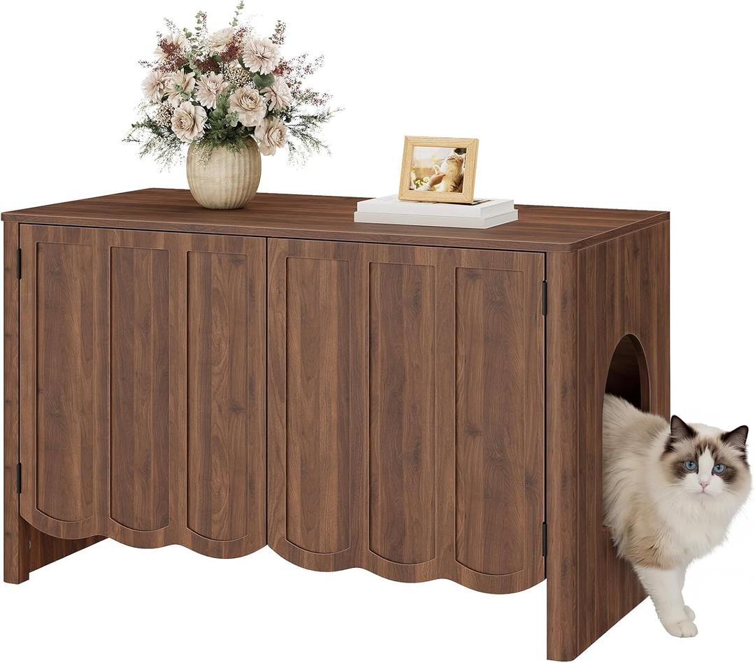 HOOBRO Cat Litter Box Enclosure, 31.5" Hidden Litter Box Furniture with Wavy Panels & Side Entry, Push-to-Open Doors, Litter Box Cabinet, Living Room End Side Table, Walnut WL27MW01