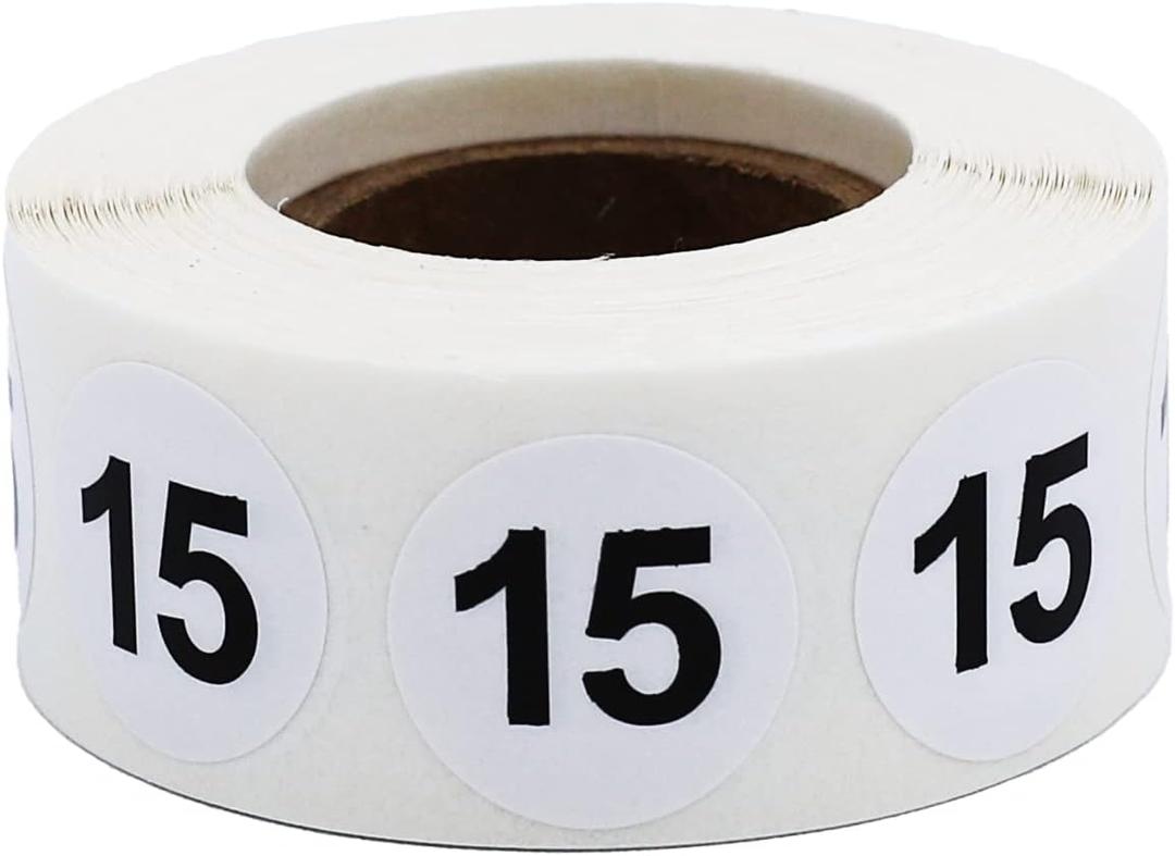 White with Black Number 15 Circle Dot Stickers, 3/4 Inch Round, 500 Labels on a Roll for Organization and Inventory - Semi-Gloss Finish - Made in The USA