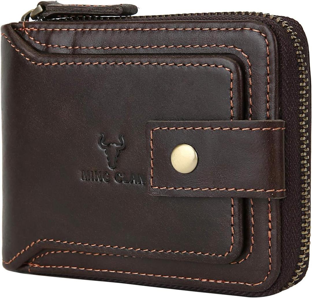 MING CLAN Leather RFID Blocking Bifold Wallet For Men With Zipper, Flap ID Window Zip Coin Pocket, Big Capacity Credit Card Holder For Travel