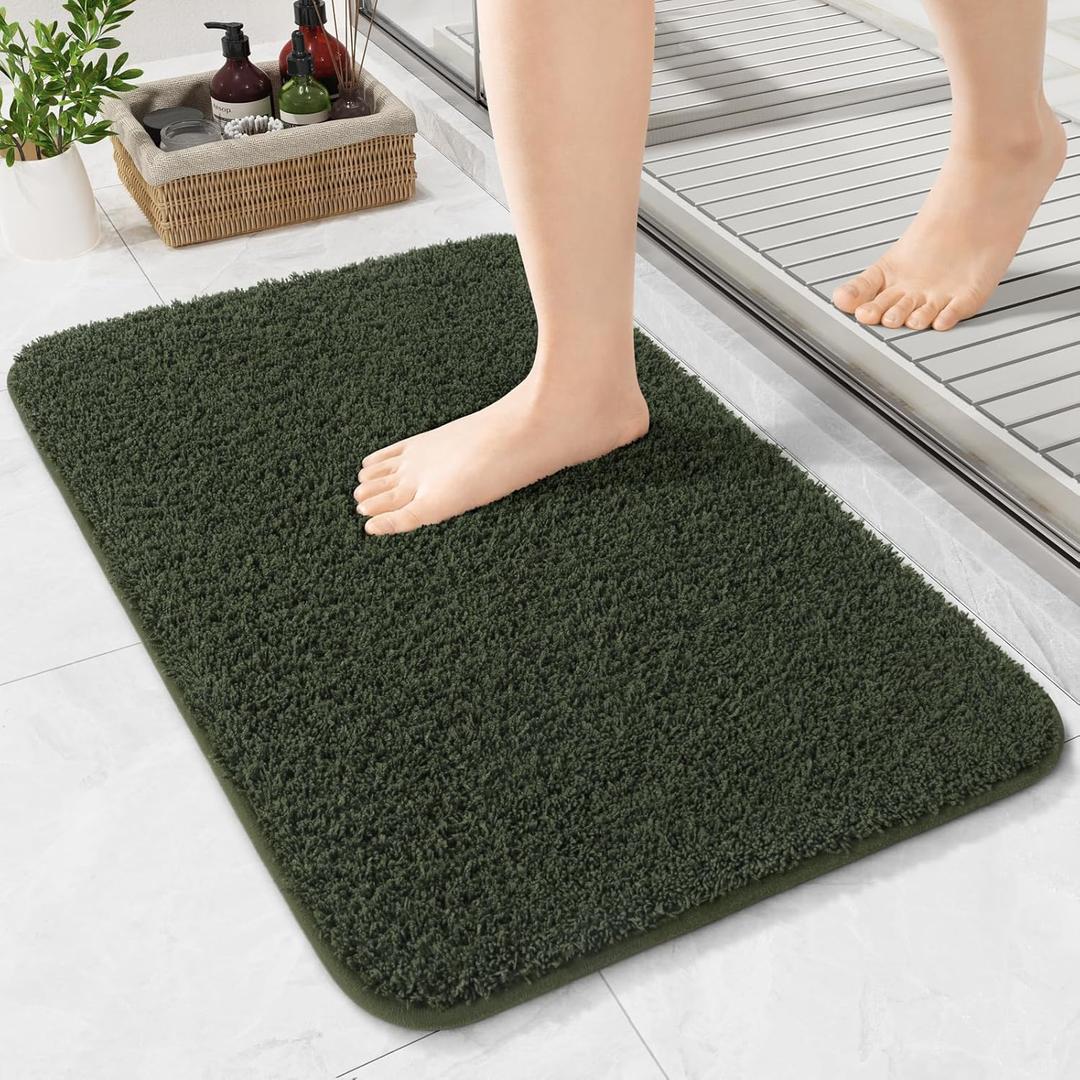 LOCHAS Bathroom Rugs, 24" x 17" Bath Rug Non Slip Washable, Luxury Shaggy Bath Mat Absorbent, Soft Cozy Bathroom Carpet for Shower Quick Dry, Olive Green