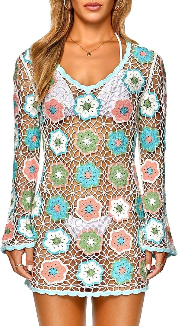 FAIRY SEASON Women's Crochet Beach Cover Up Dress Boho Bell Sleeve 3D Camellia Embroidery for Vacation, Pool Party, Large