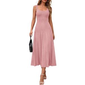 PRETTYGARDEN Spring Dresses for Women 2026 Summer Casual Sleeveless Square Neck A Line Knit Pleated Midi Cocktail Party Dress (Medium, Pink)