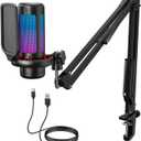 TONOR Gaming Microphone Set with Boom Arm, Vocal Condenser Microphone for PC with Stand, USB Mic with controllable RGB Light, One Tap Mute, Volume Control, for Discord, Twitch Streaming, TC310+
