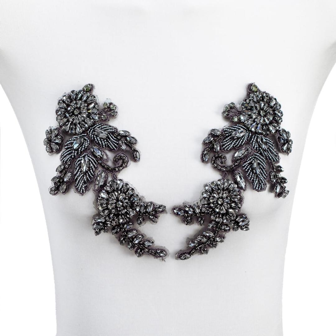 Pair Handmade Shining Crystals Rhinestones DIY Clothing Applique Patches, Sewing Beads Sequins Stone Trim Accessories for Wedding Dress Decoration(Gray-Small)
