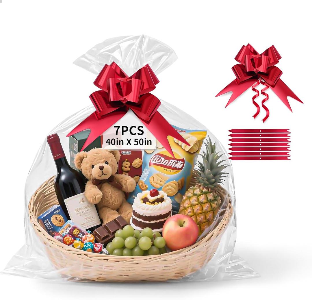 TUXIYA 7 PCS Large Cellophane Bags, 40x50inches Cellophane Wrap for Gift Baskets,Clear Basket Bag with 7 PCS Red Pull Bows