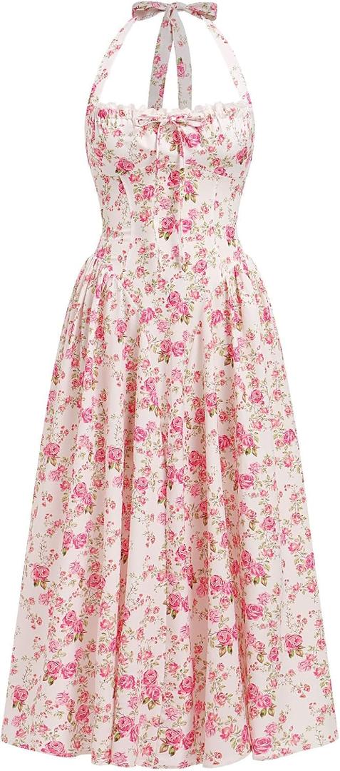 OBEEII Women Floral Corset Dress Halter Neck Low Cut Bustier Midi Dress Flowy Pleated Hem Summer Sundress with Pockets (Large, White-red Floral)