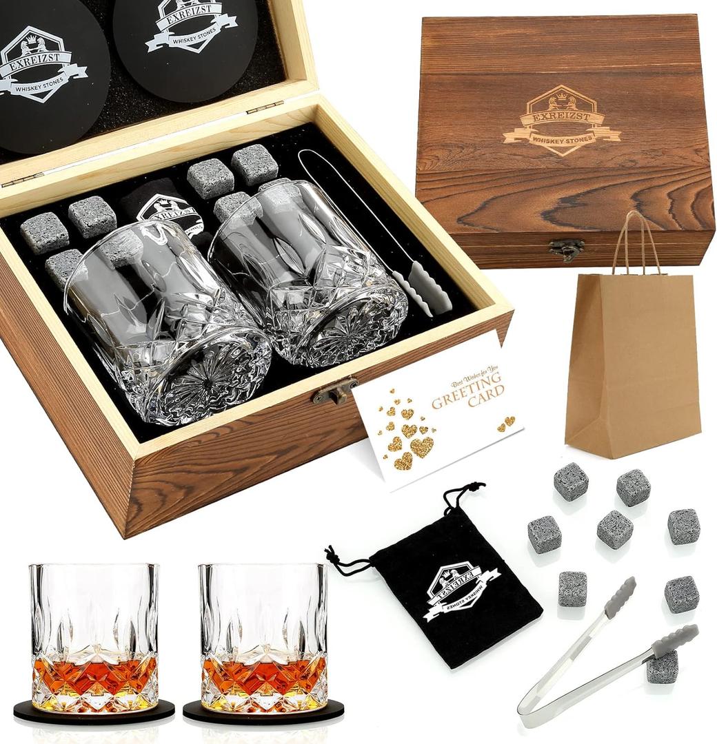Whiskey Stones Gifts Set - Whiskey Glasses Set of 2 - Granite Chilling Whiskey Rocks - Scotch Bourbon Gifts for Men -Father's Day Birthday Gifts for Men Dad Him Husband Drinking Gift for Holiday