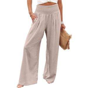 ANRABESS Women Linen Palazzo Pants Summer Boho Wide Leg High Waist Casual Lounge Pant 2026 Beach Travel Vacation Outfits (Small, Beige)