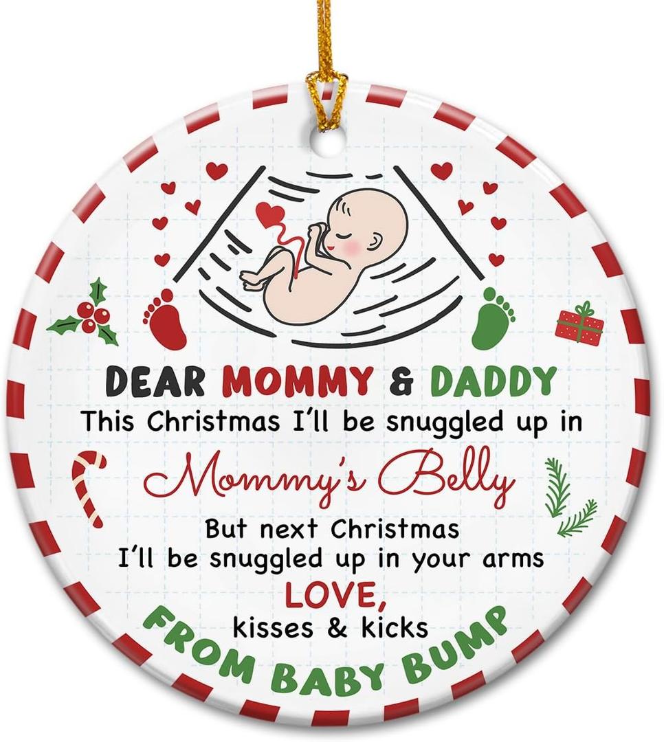 2 x Pregnancy Announcement Christmas Ornaments - Ceramic Baby Coming Soon Ornament 2026, Baby Bump, Pregnancy Gifts for Expecting Mom, Dad - New Parents to Be Gift Ideas from Wife, Husband