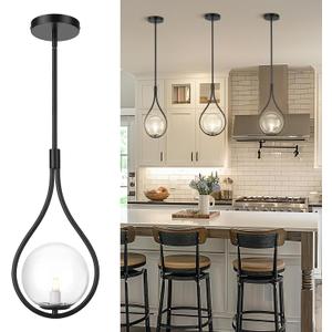 AUTELO Black Pendant Light Fixtures, 1-Light Pendant Lights Kitchen Island with Clear Globe Glass, Modern Pendant Lights, Black Hanging Lights for Kitchen Island H9377 CLBK,  Matte Black -TearDrop Clear Glass