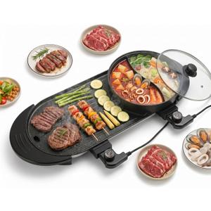 27" Hot Pot with Grill Electric BBQ Grill Combo, 2200W Indoor Korean BBQ Grill with Dual Temperature Control, Large Shabu Shabu Pot, Nonstick Tabletop Grill for 2-12 People, 110V