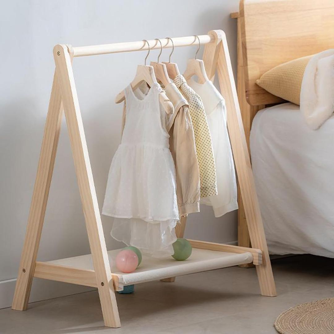 Coat rack Children's Clothes Rack Children's with Clothes Rail and Shelf Coat Stand for Children's Room Natural Wood (Size: 120 x 146 cm)