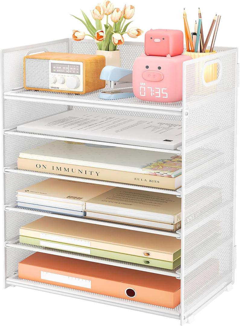 Subekyu 6 Tier Paper Organizer for Desk with Handle, Metal Mesh Desk Office File Folder Paper Letter Tray Accessories Organizer Sorter for Home, School, Office Desktop Document Organization - White